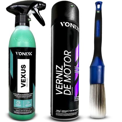 Imagem de Kit Limpeza Motor Vexus 500ml Verniz Aerossol Spray Brilho Proteção 400ml Pincel Macio Vonixx
