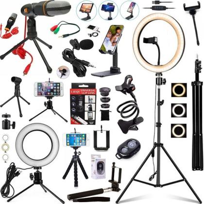 Imagem de Kit Luz Ring Light 26cm + Tripé 2m Microfone Vídeos Youtuber Tiktok