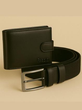 Imagem de Kit Masculino Fasolo Carteira Botão E Cinto Couro Preto 115