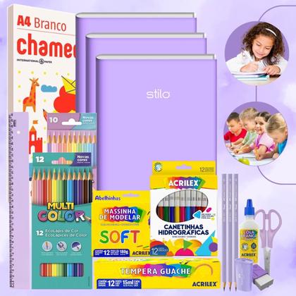 Imagem de Kit Material Escolar Volta As Aulas Infantil 70 itens Tons Pastéis Ensino Fundamental Infantil Faber Acrilex Chamequinho