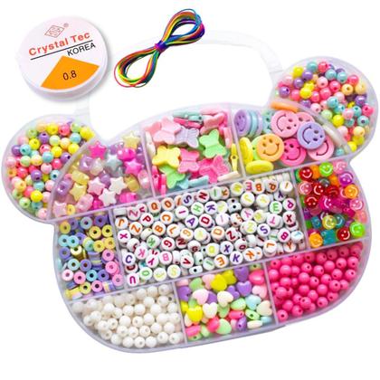 Imagem de Kit Miçangas Infantil Coloridas P/ Montar Pulseiras Maleta Urso Fio de Silicone