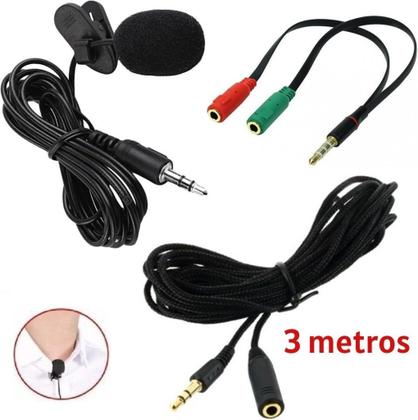 Imagem de Kit Microfone de Lapela + Cabo Extensor 3 metros Adaptador P2 P3 Pc Celular