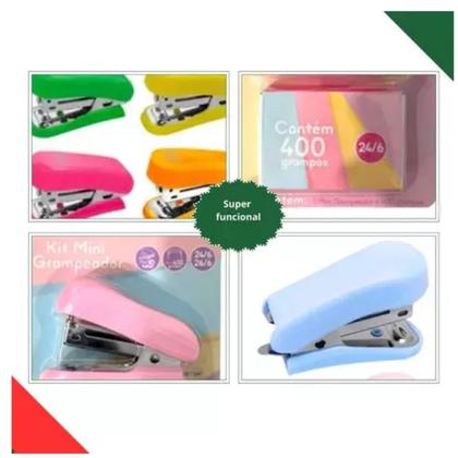 Imagem de Kit Mini Grampeador de Metal Tons Pastéis Caixa Grampos