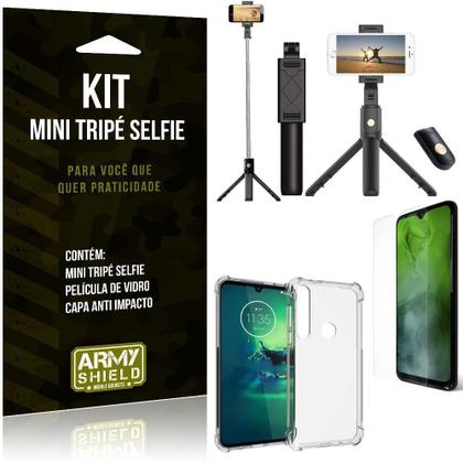 Imagem de Kit Mini Tripé Selfie Moto G8 Play+Capa Anti+Película Vidro