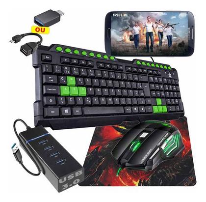 Imagem de Kit Mobilador Gamer HUB 3.0 4 Portas + Mouse Led 3200 dpi + Pad Speed Teclado Multimídia