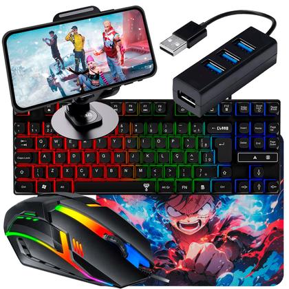 Imagem de Kit Mobilador Gamer Led Teclado Rgb + Mouse 1600dpi + Pad Speed Estampado e Tripé