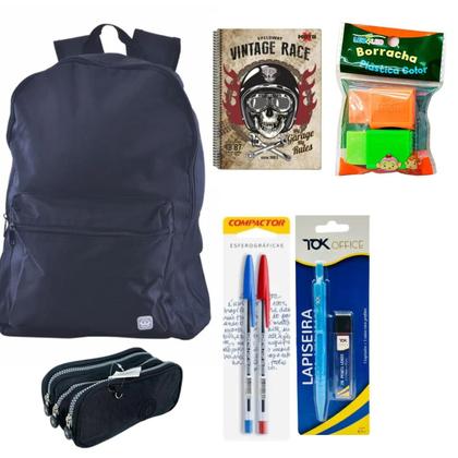Imagem de Kit Mochila Escolar Com Estojo Canetas Lápiseira Borracha Caderno Capa Dura