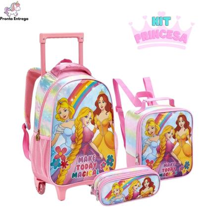 Imagem de Kit Mochila Escolar Infantil Princesa Com e Sem Rodinhas Criança Menina