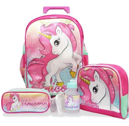 Imagem de Kit Mochila Escolar Infantil Rodinhas Unicórnio Fantasy F1