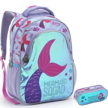 Imagem de Kit Mochila Escolar Sereia Costas Alças Tam G Meninas Estojo