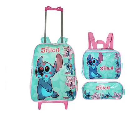 Imagem de Kit Mochila Lilo Stitch Infantil Feminina Rodinhas Escolar