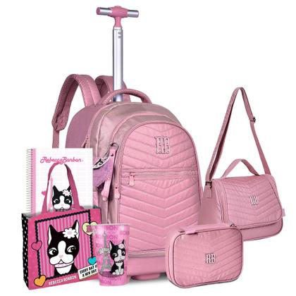 Imagem de Kit Mochila Metalizada Estojo Lancheira Rodinha Rebecca Bonbon RB Caderno Bolsa Copo Meninas