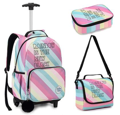 Imagem de Kit Mochila Rodinhas Feminina Juvenil Adulto Teen Rainbow