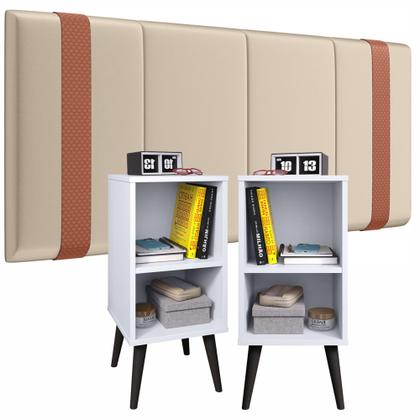 Imagem de Kit Mozão Cabeceira Parise 1,40 + 2 mesa de cabeceira Charme Cor Bege c/ Branco