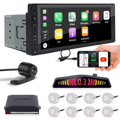 Imagem de Kit Multimídia 1 Din + Câmera Ré + Sensor 8 Pontos Branco Honda City 2009 2010 2011 2012 2013 2014 Android Auto Carplay