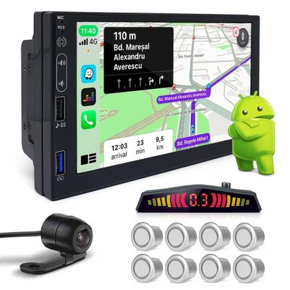 Imagem de Kit Multimídia Android + Câmera Ré + Sensor Dianteiro Traseiro Prata Ssangyong Kyron 2007 2008 2009 2010 2011 2012 2013 Bluetooth 7 Polegadas