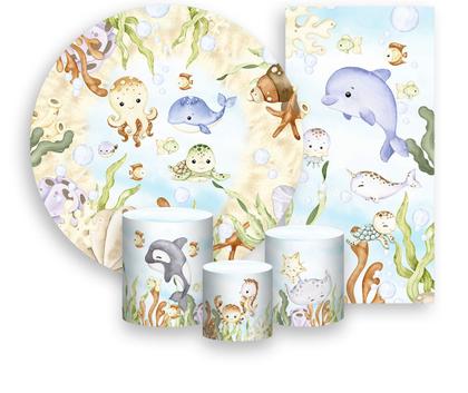 Imagem de Kit Painel De Festa + Trio Capa Cilindro + Faixa Veste Fácil - Fundo do Mar Azul Suave com Bege 006