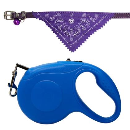 Imagem de Kit Para Passeio Com Guia Comprida 5 Metros Azul E Coleira Bandana P Roxa