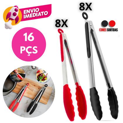 Imagem de Kit Pegador Alimento 27 e 34Cm Inox E Silicone Com Apoio Carne Churrasco Massa Cozinha Restaurante