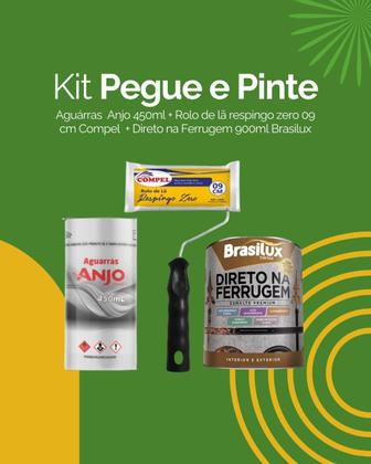 Imagem de Kit Pegue e Pinte Direto Ferrugem Brasilux 900ml + Aguarrás 450ml Anjo + Rolo Respingo Zero 09cm Compel