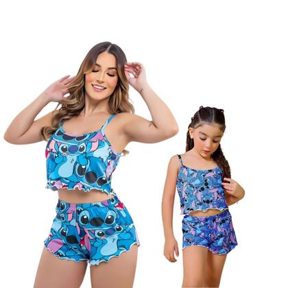 Imagem de Kit Pijama Mãe E Filha Stitch Curto Adulto Baby Doll Short