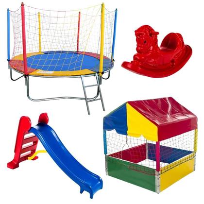 Imagem de Kit Playground Completo Cama Elástica Pula Pula 2,30m + Piscina De Bolinhas 1,00m + Escorregador Médio + Gangorra 1 Lugar