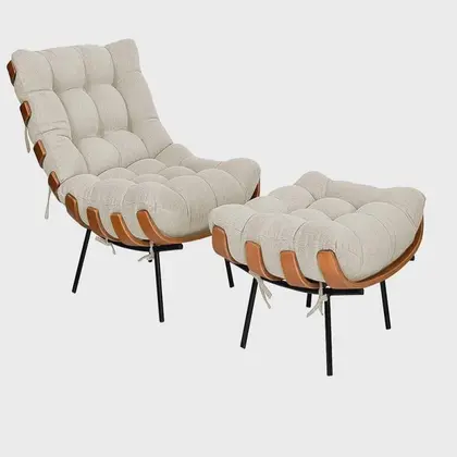 Imagem de Kit Poltrona e Puff Costela Base Fixa Linho Bege Straso Móveis