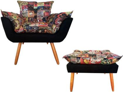 Imagem de Kit Poltrona + Puff Decorativo Opala Suede Composê Cerveja Pés Madeira Ms Decor
