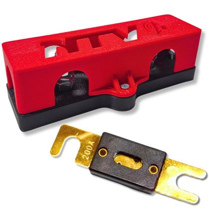 Imagem de Kit porta fusivel + fusível faca grande anl 200a para som automotivo barramento 3 vias com tampa