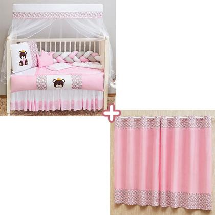 Imagem de Kit Protetor Berço Trança Americano Ursa Rainha Rosa Menina 11 peças+Cortina Ilhós Triangulo 2x1,70m