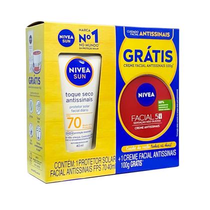 Imagem de Kit Protetor Solar Nivea Sun Toque Seco Antissinais FPS 70 40ml e Creme Facial Nivea Antissinais 100