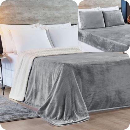 Imagem de Kit Queen 4 Peças Cobertor Sherpa New Alaska + Jogo Lençol Soft - Cinza