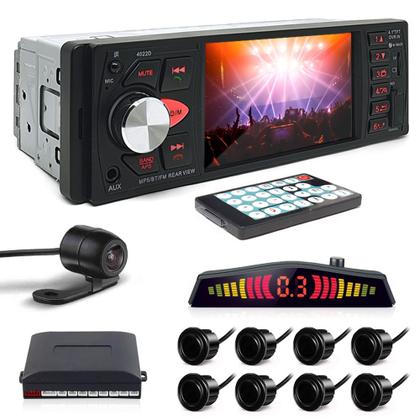 Imagem de Kit Rádio C/ Tela 1 Din + Câmera Ré + Sensor 8 Pontos Preto Fiat Freemont 2010 2011 2012 2013 Estacionamento