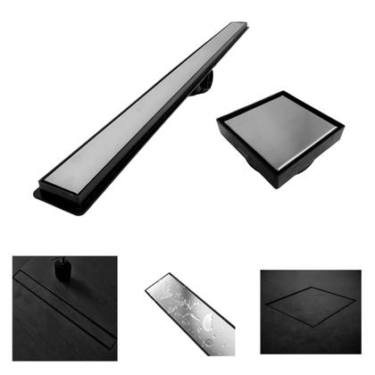Imagem de Kit Ralo Linear Banheiro 5x60 + Ralo 10x10 Inox Oculto Preto Box Lavabo Dentro e Fora