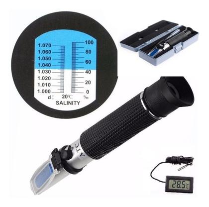 Imagem de Kit Refratômetro Para Água Salgada Medidor De Salinidade e Densidade Com Termômetro Externo Preto