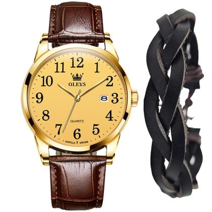 Imagem de Kit Relógio Casual Masculino Olevs Luxo Gold + Bracelete 