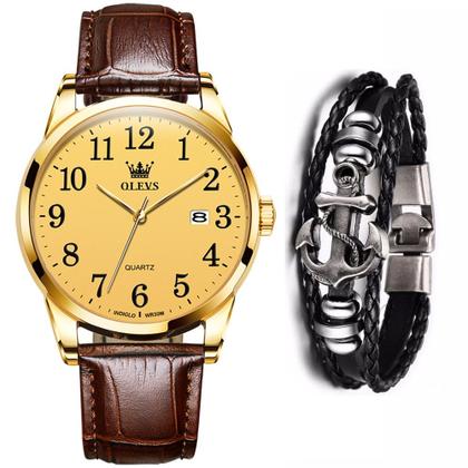 Imagem de Kit Relógio Casual Olevs Masculino Gold + Bracelete Âncora