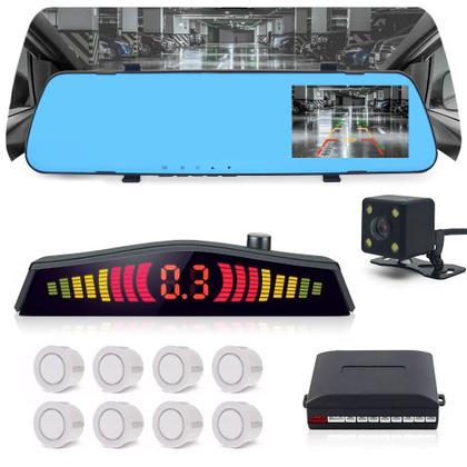 Imagem de Kit Retrovisor C/ Tela + Câmera Ré + Sensor 8 Pontos Branco Hyundai Santa Fé 2006 2007 2008 2009 Estacionamento Aviso Sonoro