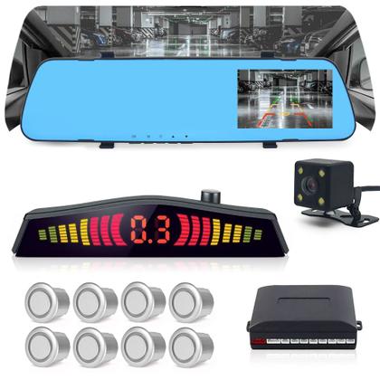 Imagem de Kit Retrovisor C/ Tela + Câmera Ré + Sensor 8 Pontos Prata Nissan Livina 2010 2011 2012 2013 Aviso Sonoro