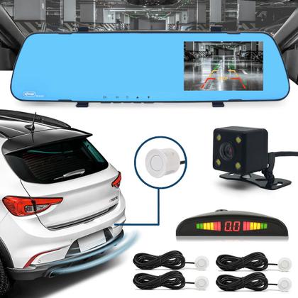 Imagem de Kit Retrovisor C/ Tela + Câmera + Sensor Ré Branco Pérola Perolado Ford Focus 2016 2017 2018 2019 2020