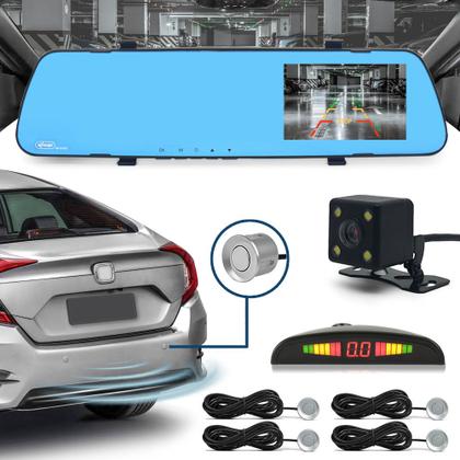 Imagem de Kit Retrovisor C/ Tela + Câmera + Sensor Ré Prata Cromado Cromo Fiat Argo 2017 2018 2019 2020 Espelho Visor Estacionamento