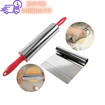 Imagem de Kit Rolo e Espátula Raspador Cortador Confeiteiro Massa em Inox