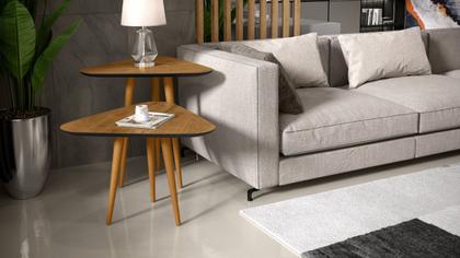 Imagem de Kit Sala 2 Mesas Lateral e Apoio 3 Pontas Estilo Retro Pés Palito cor Freijó/Preto - Comprar Moveis em Casa