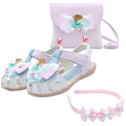 Imagem de Kit Sandália Menina Infantil Feminina Bailarina Com Bolsa E Tiara Branco/Lilás Gatatuya