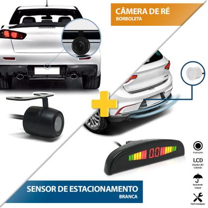 Imagem de Kit Sensor de Ré Branco + Câmera Traseira Ford Focus 2004 2005 2006 2007 2008 2009 Buzzer Linhas Grade Referência