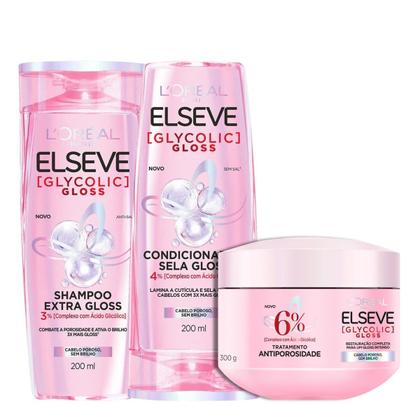 Imagem de Kit Shampoo e Condionador 200ml + Mascara Glycolic Gloss Elseve Tratamento