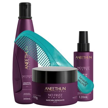 Imagem de Kit Shampoo Máscara e Leave-in Aneethun No Frizz System e pente Beauty