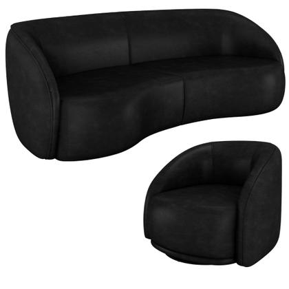 Imagem de Kit Sofá 4 Lugares Eron 240cm Com Poltrona Giratória Angelina M03 material sintético Preto - Lyam Decor