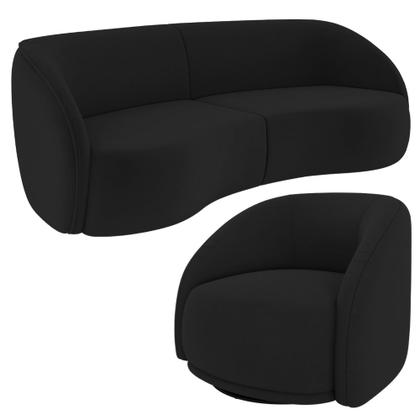 Imagem de Kit Sofá 4 Lugares Eron 240cm Com Poltrona Giratória Angelina M03 Veludo Preto - Lyam Decor