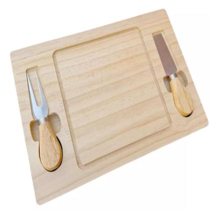 Imagem de Kit tabua frios bambu queijo talheres faca garfo inox